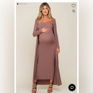 Medium Pinkblush Mocha Ribbed Sleeveless Dress Cardigan Maternity Set